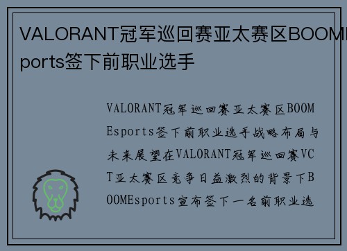 VALORANT冠军巡回赛亚太赛区BOOMEsports签下前职业选手