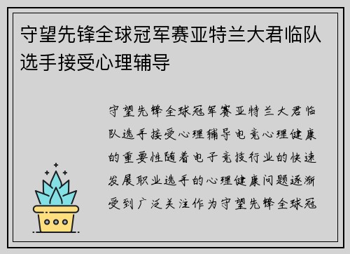 守望先锋全球冠军赛亚特兰大君临队选手接受心理辅导