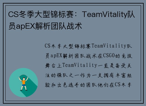 CS冬季大型锦标赛：TeamVitality队员apEX解析团队战术