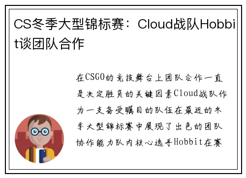 CS冬季大型锦标赛：Cloud战队Hobbit谈团队合作