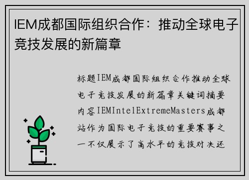 IEM成都国际组织合作：推动全球电子竞技发展的新篇章